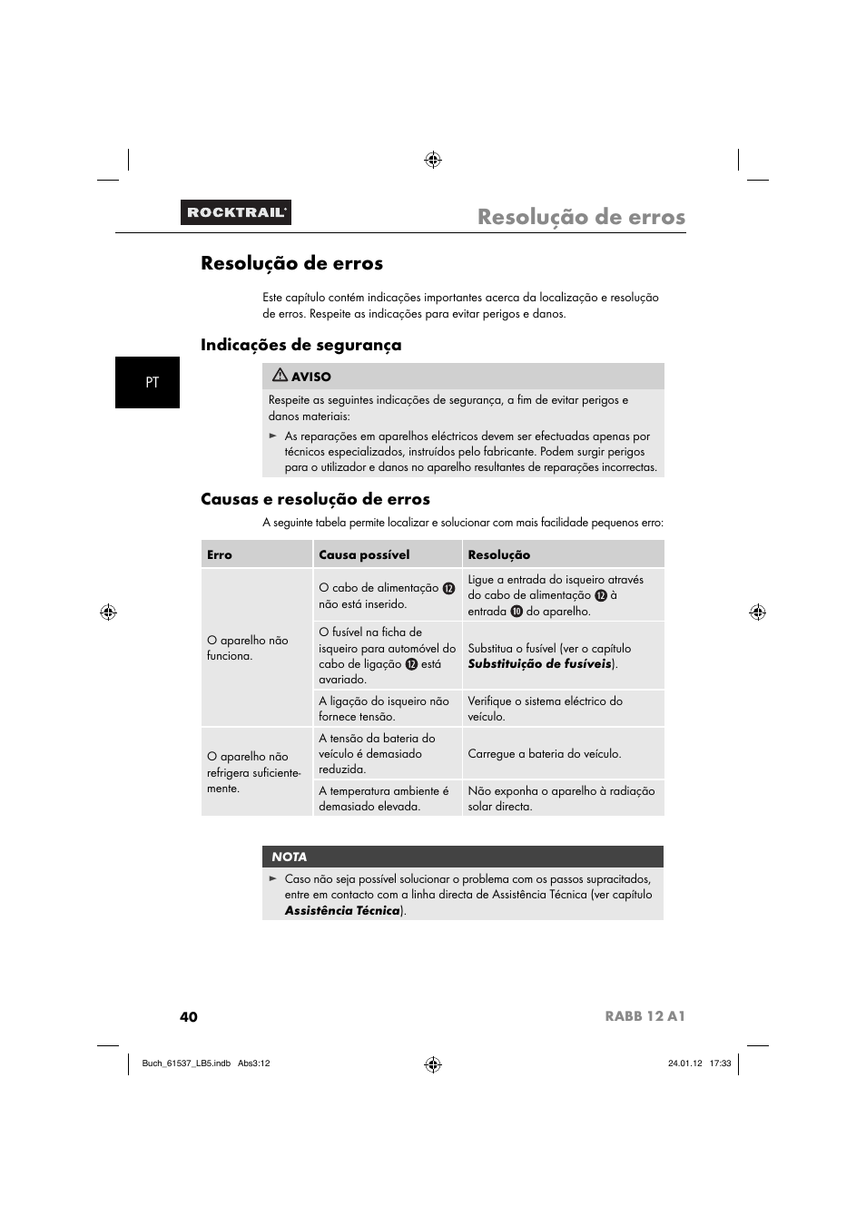 Resolução de erros, Indicações de segurança, Causas e resolução de erros | Rocktrail Car Cool Box RABB 12 A1 User Manual | Page 43 / 74