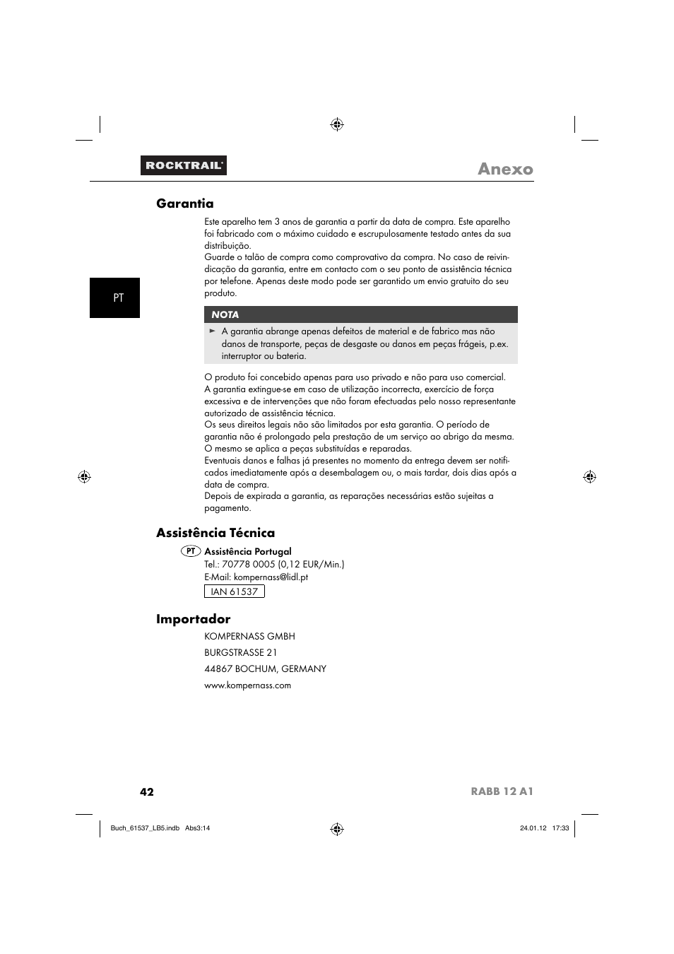 Anexo, Garantia, Assistência técnica | Importador | Rocktrail Car Cool Box RABB 12 A1 User Manual | Page 45 / 74