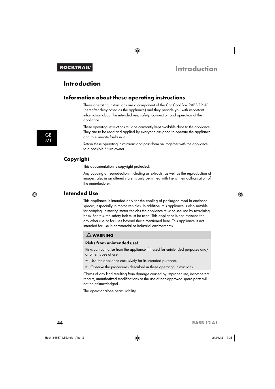 Introduction, Information about these operating instructions, Copyright | Intended use, Gb mt | Rocktrail Car Cool Box RABB 12 A1 User Manual | Page 47 / 74