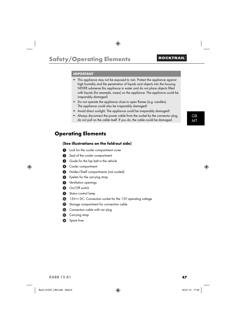 Safety/operating elements, Operating elements, Gb mt | Rocktrail Car Cool Box RABB 12 A1 User Manual | Page 50 / 74