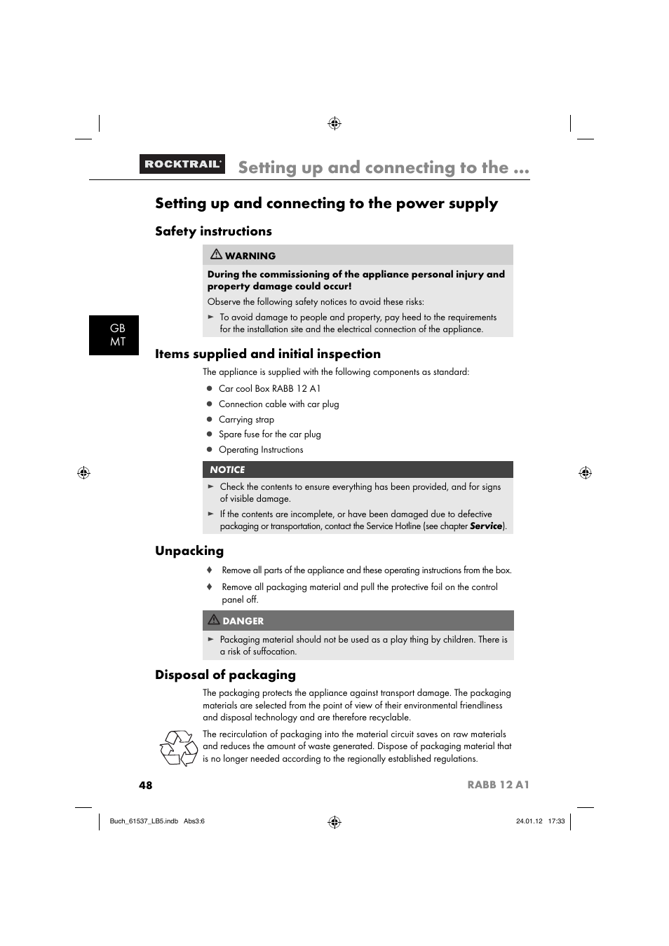 Setting up and connecting to the, Setting up and connecting to the power supply, Safety instructions | Items supplied and initial inspection, Unpacking, Disposal of packaging, Gb mt | Rocktrail Car Cool Box RABB 12 A1 User Manual | Page 51 / 74