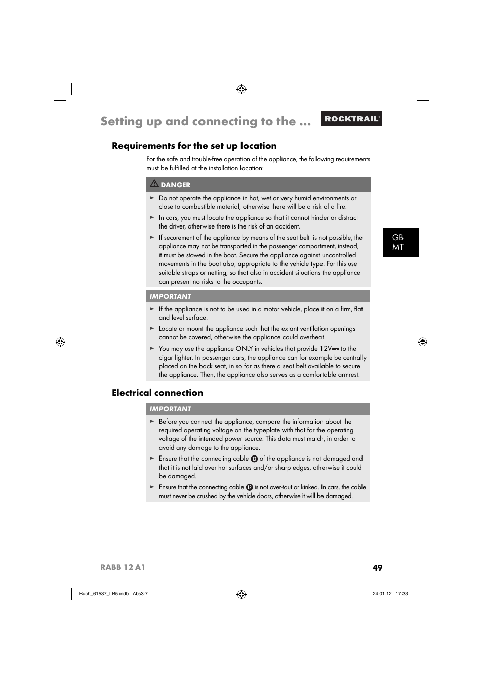 Setting up and connecting to the, Requirements for the set up location, Electrical connection | Gb mt | Rocktrail Car Cool Box RABB 12 A1 User Manual | Page 52 / 74