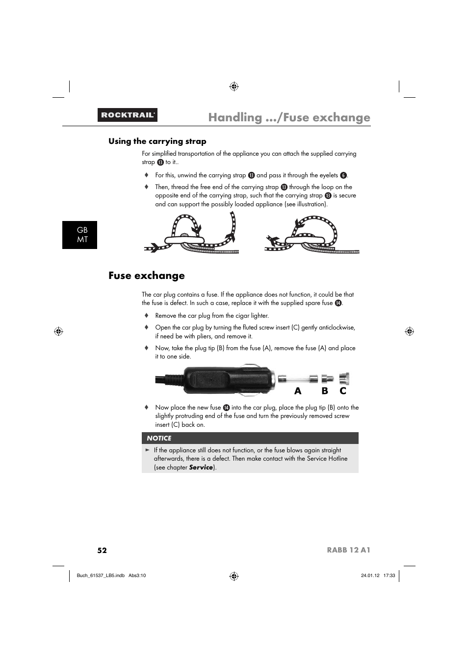 Handling .../fuse exchange, Fuse exchange, Gb mt using the carrying strap | Rocktrail Car Cool Box RABB 12 A1 User Manual | Page 55 / 74