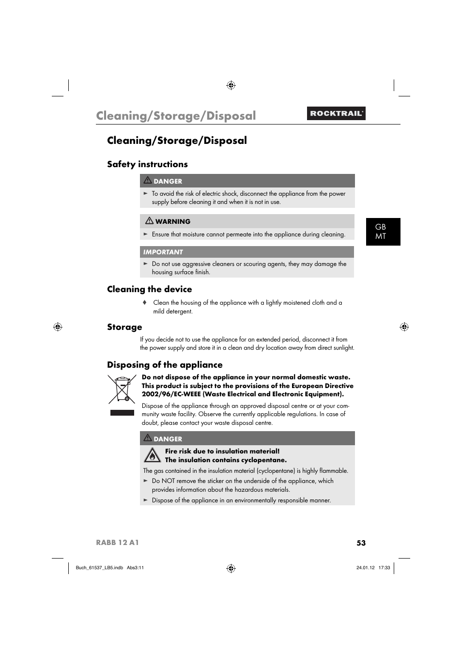Cleaning/storage/disposal, Safety instructions, Cleaning the device | Storage, Disposing of the appliance, Gb mt | Rocktrail Car Cool Box RABB 12 A1 User Manual | Page 56 / 74