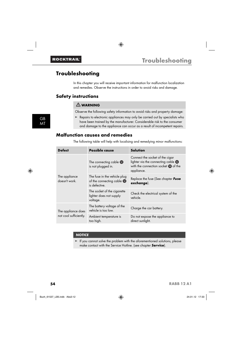 Troubleshooting, Safety instructions, Malfunction causes and remedies | Gb mt | Rocktrail Car Cool Box RABB 12 A1 User Manual | Page 57 / 74