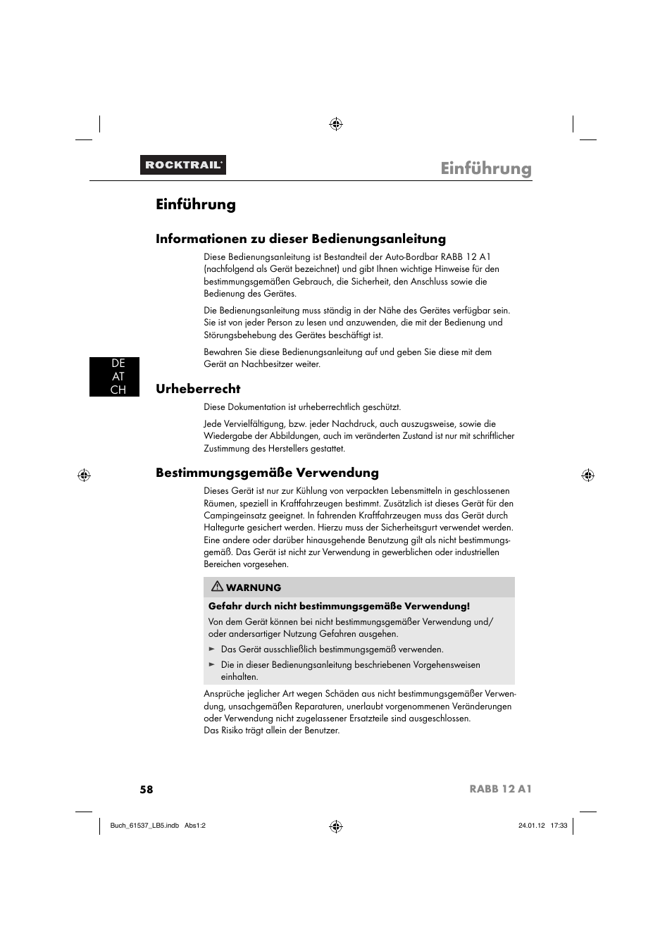 Einführung, Informationen zu dieser bedienungsanleitung, Urheberrecht | Bestimmungsgemäße verwendung, De at ch | Rocktrail Car Cool Box RABB 12 A1 User Manual | Page 61 / 74