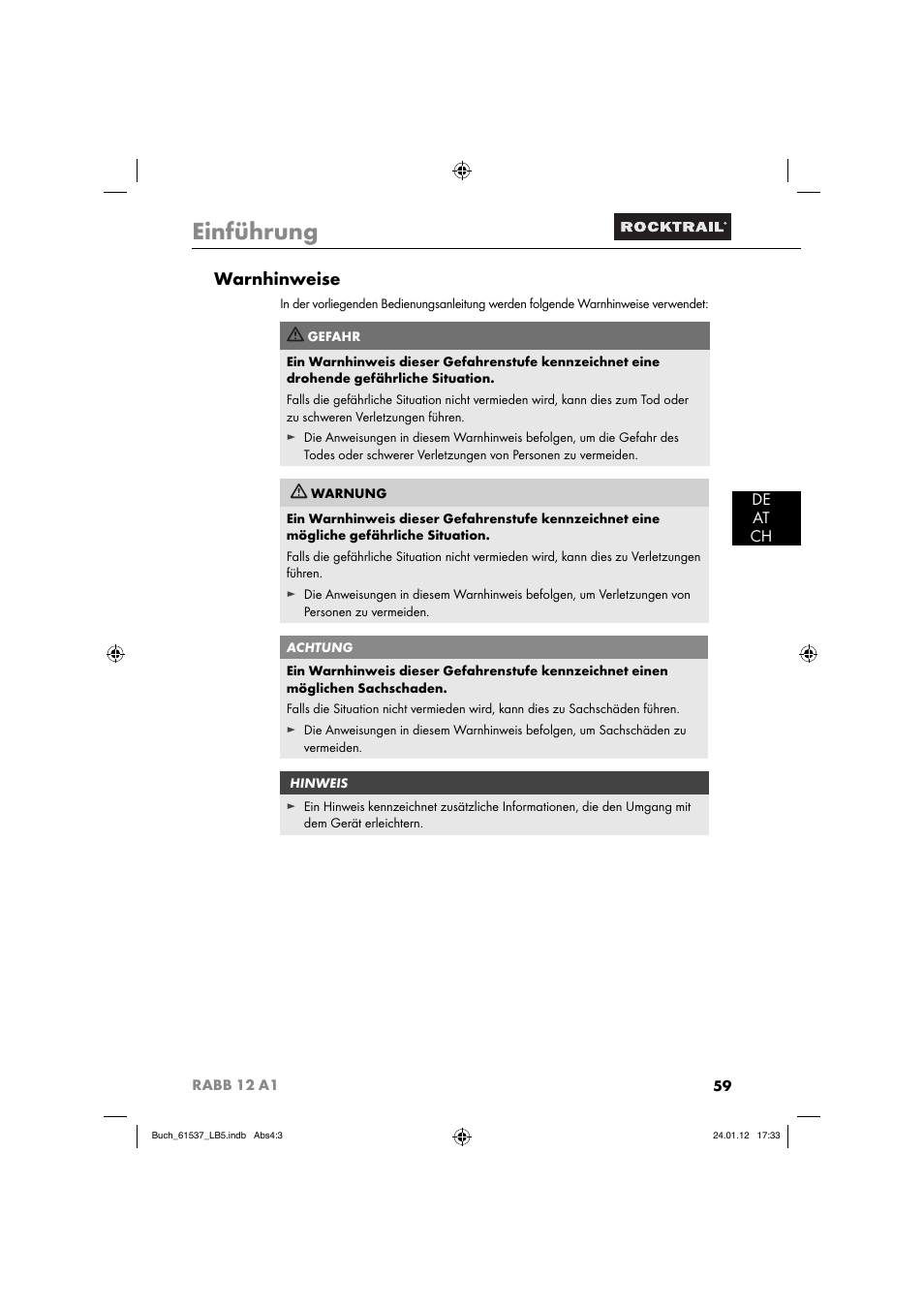 Einführung, Warnhinweise, De at ch | Rocktrail Car Cool Box RABB 12 A1 User Manual | Page 62 / 74