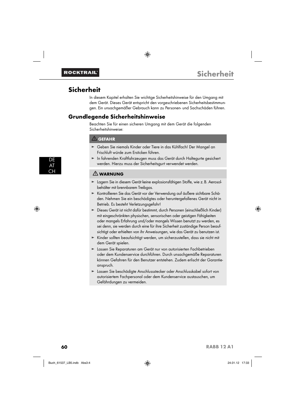 Sicherheit, Grundlegende sicherheitshinweise, De at ch | Rocktrail Car Cool Box RABB 12 A1 User Manual | Page 63 / 74