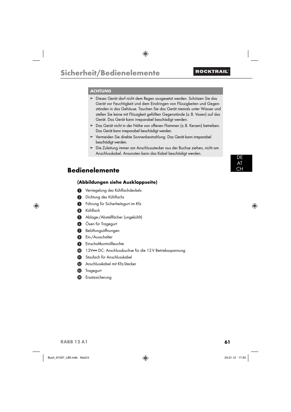 Sicherheit/bedienelemente, Bedienelemente, De at ch | Rocktrail Car Cool Box RABB 12 A1 User Manual | Page 64 / 74