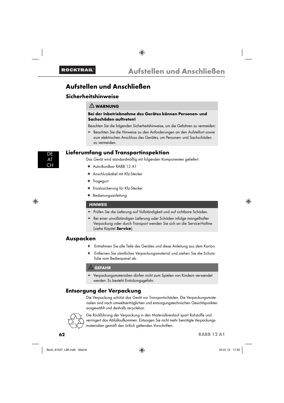 Aufstellen und anschließen, Sicherheitshinweise, Lieferumfang und transportinspektion | Auspacken, Entsorgung der verpackung, De at ch | Rocktrail Car Cool Box RABB 12 A1 User Manual | Page 65 / 74