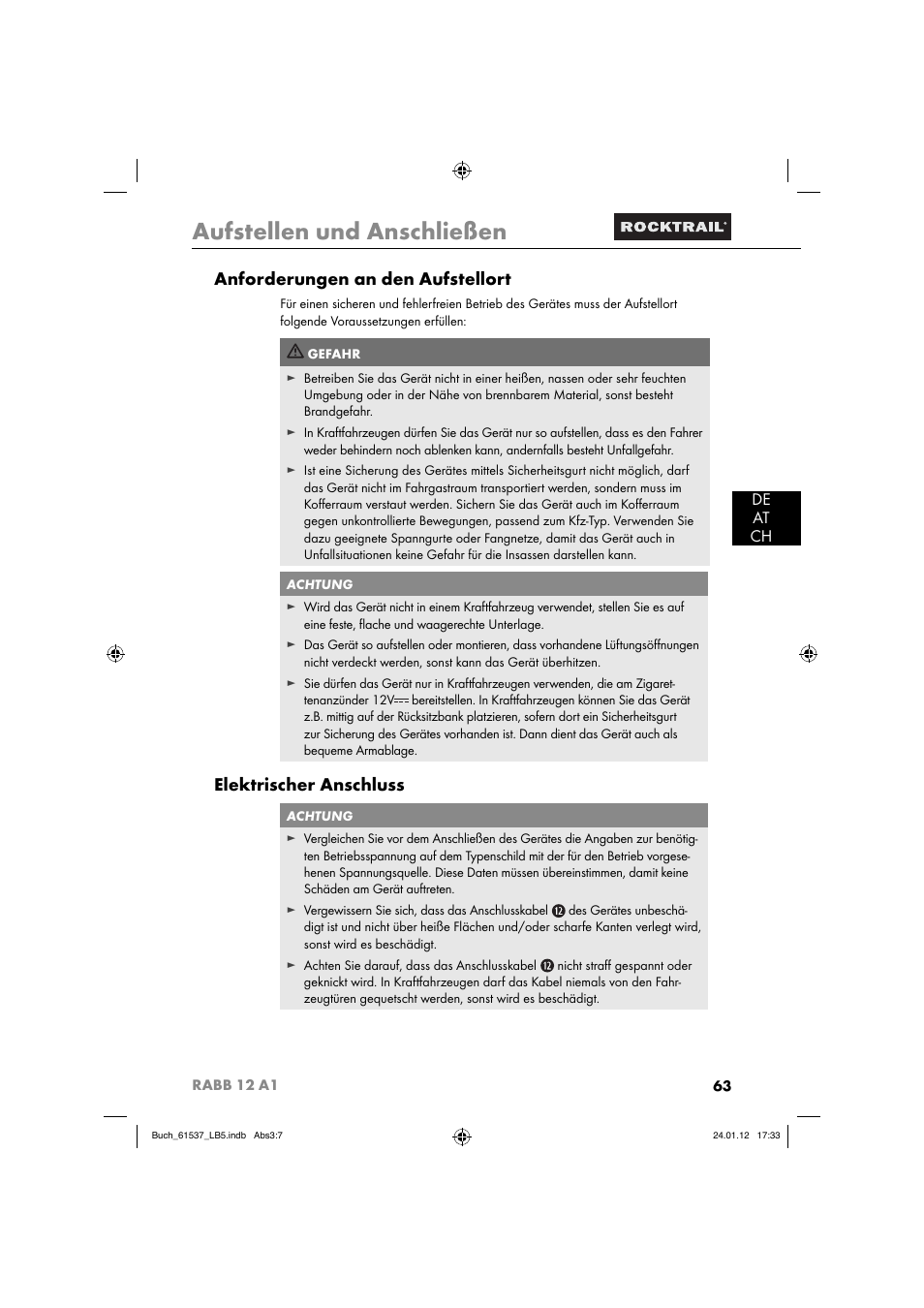 Aufstellen und anschließen, Anforderungen an den aufstellort, Elektrischer anschluss | De at ch | Rocktrail Car Cool Box RABB 12 A1 User Manual | Page 66 / 74