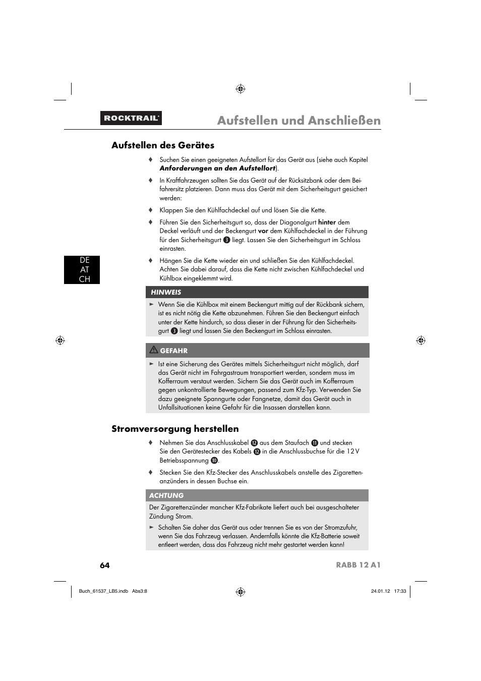 Aufstellen und anschließen, Aufstellen des gerätes, Stromversorgung herstellen | De at ch | Rocktrail Car Cool Box RABB 12 A1 User Manual | Page 67 / 74