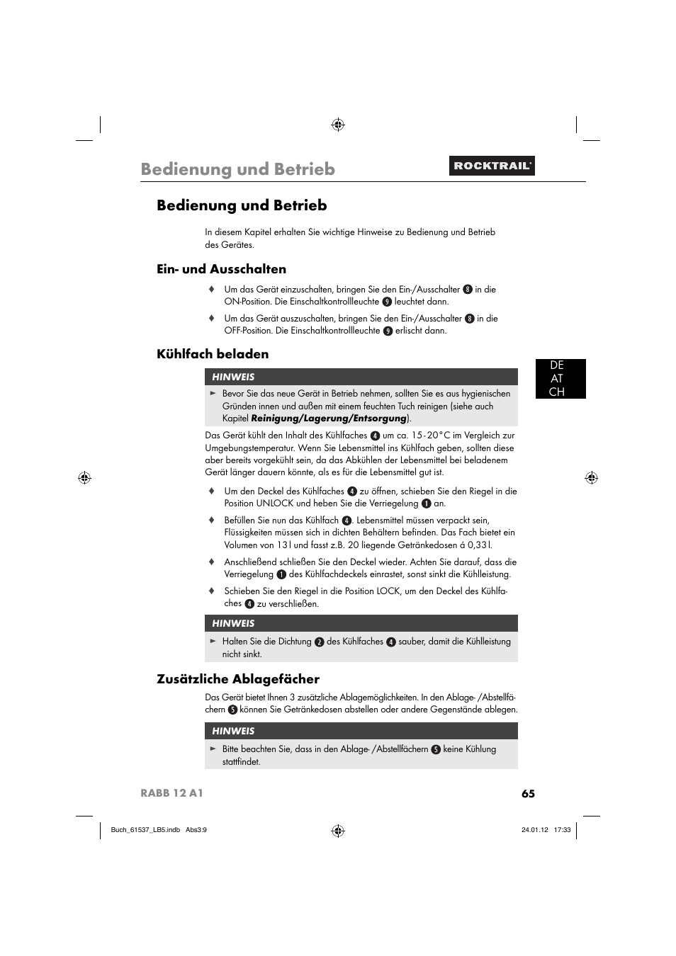 Bedienung und betrieb, Ein- und ausschalten, Kühlfach beladen | Zusätzliche ablagefächer, De at ch | Rocktrail Car Cool Box RABB 12 A1 User Manual | Page 68 / 74