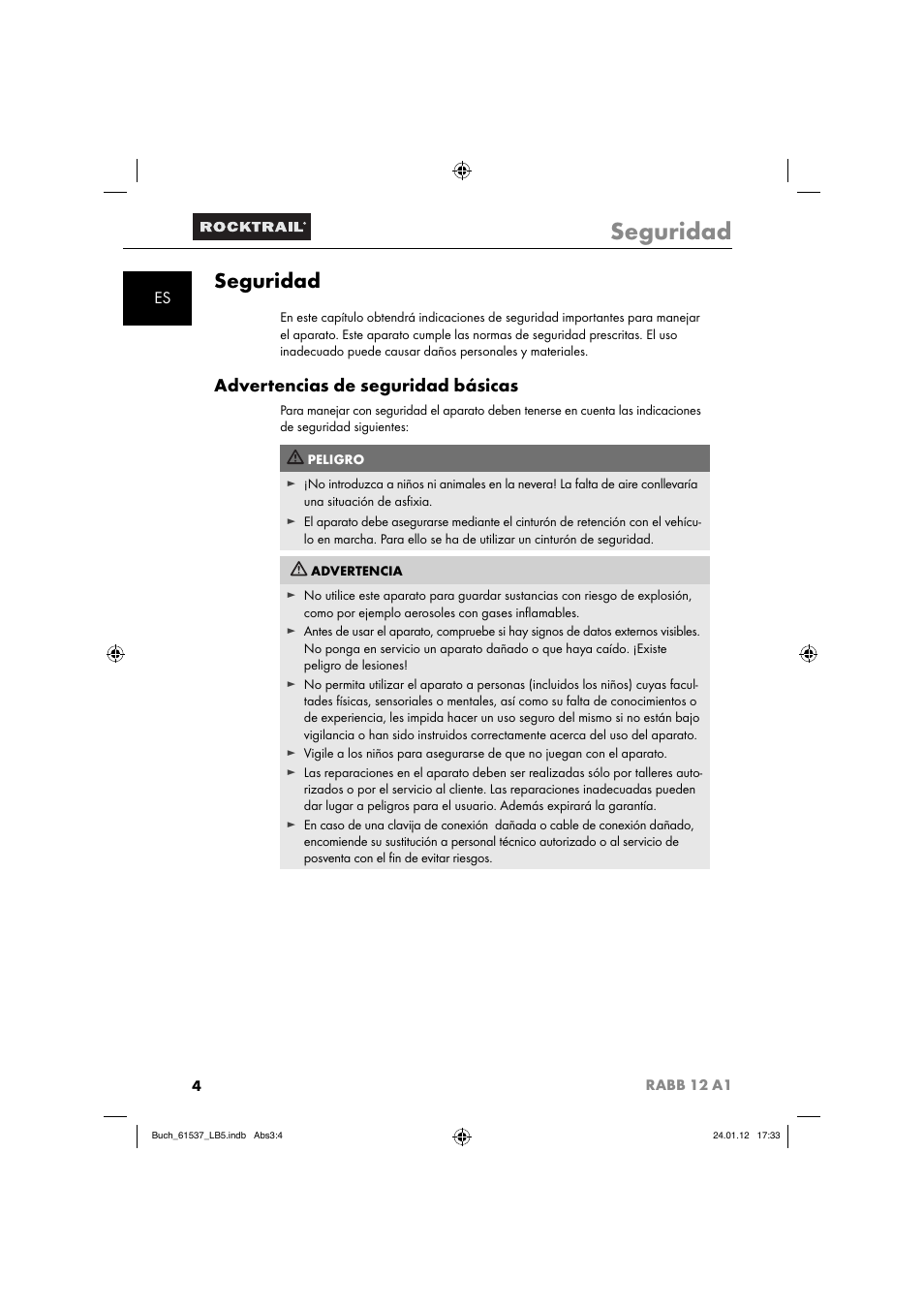 Seguridad, Advertencias de seguridad básicas | Rocktrail Car Cool Box RABB 12 A1 User Manual | Page 7 / 74