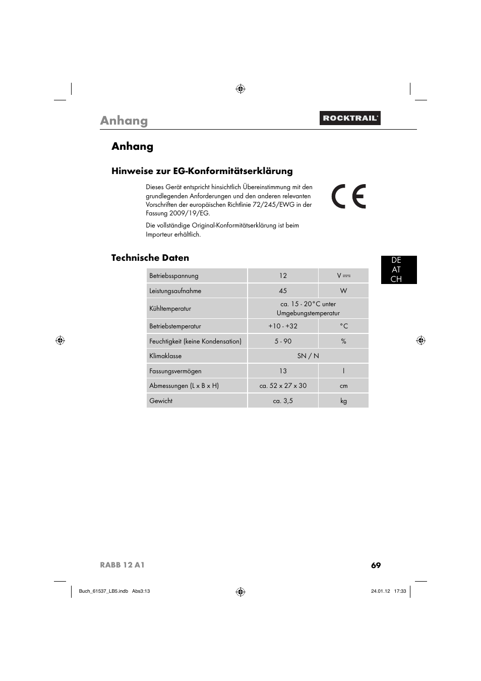 Anhang, Hinweise zur eg-konformitätserklärung, Technische daten | De at ch | Rocktrail Car Cool Box RABB 12 A1 User Manual | Page 72 / 74