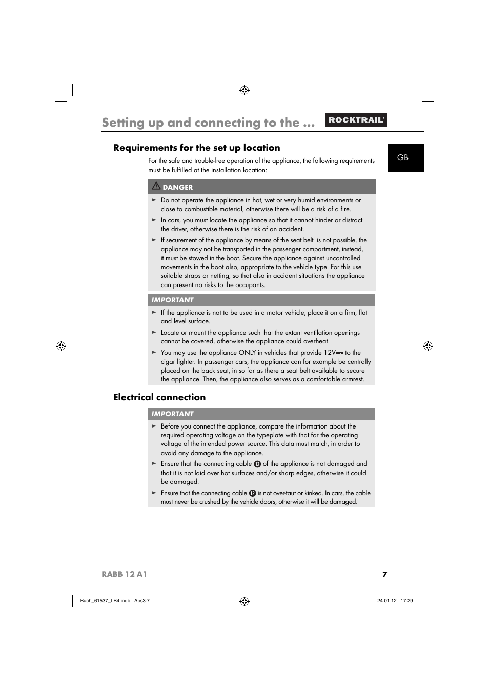 Setting up and connecting to the, Requirements for the set up location, Electrical connection | Rocktrail Car Cool Box RABB 12 A1 User Manual | Page 10 / 102