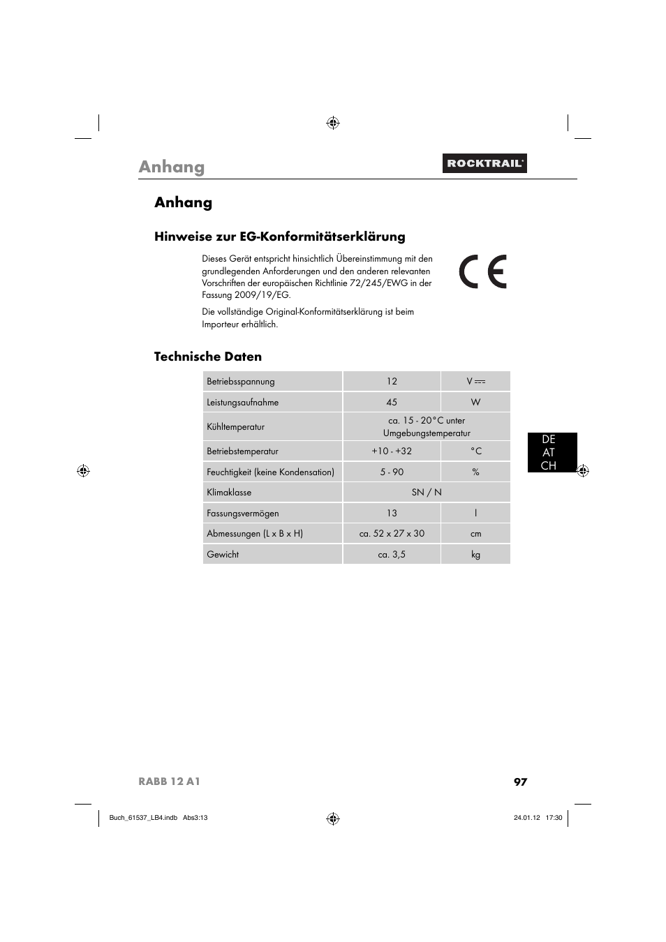 Anhang, Hinweise zur eg-konformitätserklärung, Technische daten | De at ch | Rocktrail Car Cool Box RABB 12 A1 User Manual | Page 100 / 102