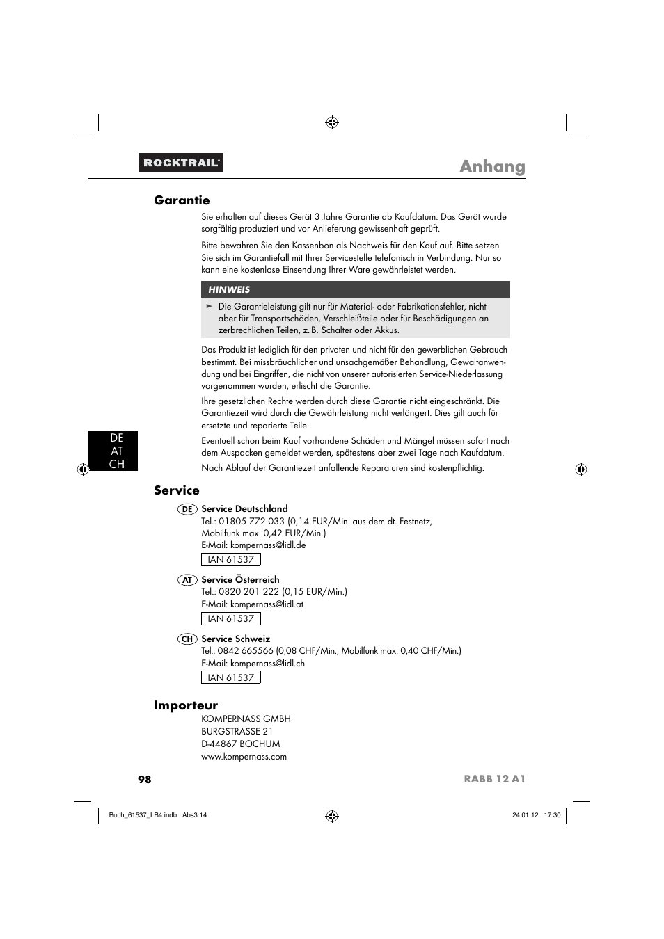 Anhang, Garantie, Service | Importeur, De at ch | Rocktrail Car Cool Box RABB 12 A1 User Manual | Page 101 / 102