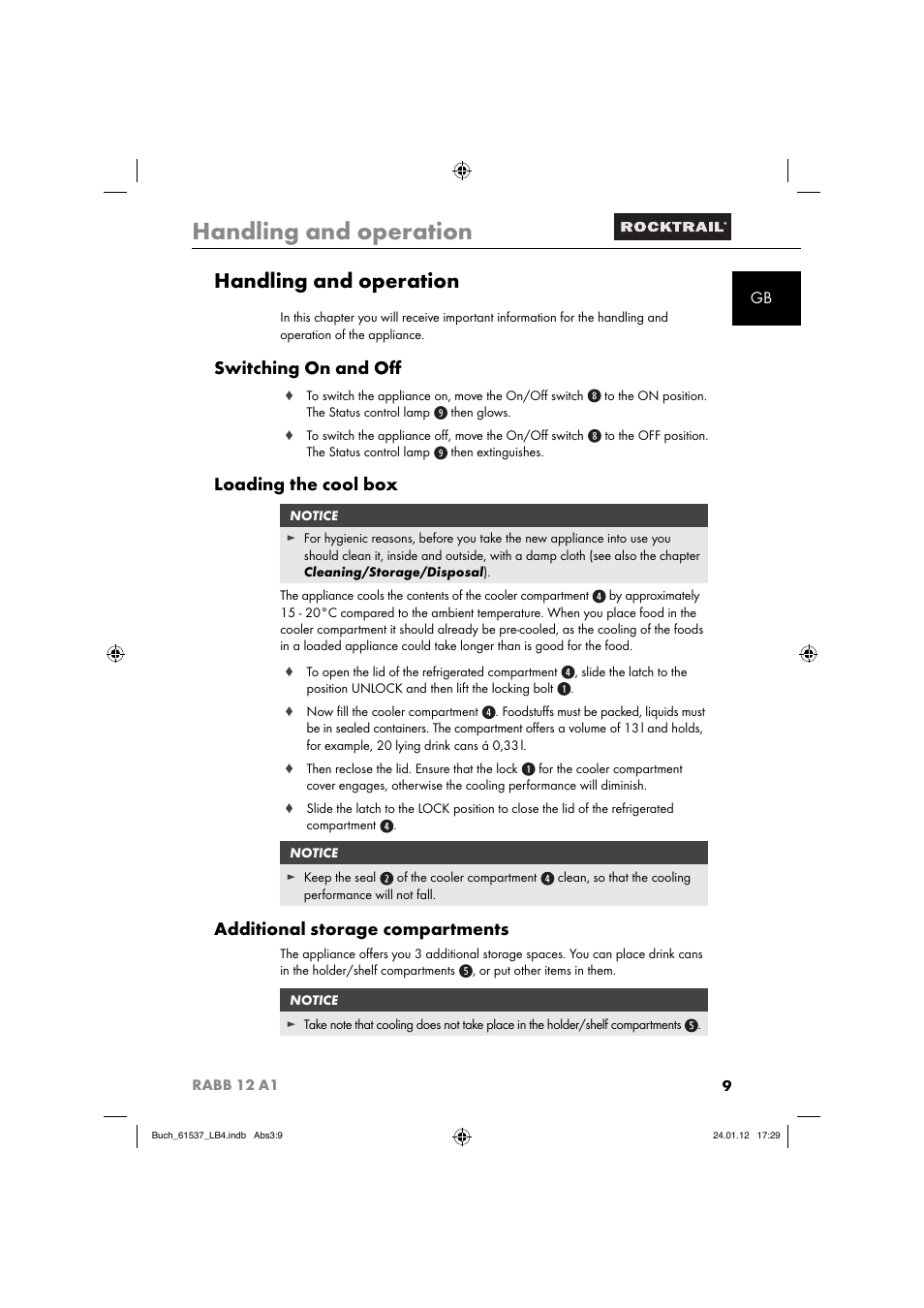 Handling and operation, Switching on and oﬀ, Loading the cool box | Additional storage compartments | Rocktrail Car Cool Box RABB 12 A1 User Manual | Page 12 / 102