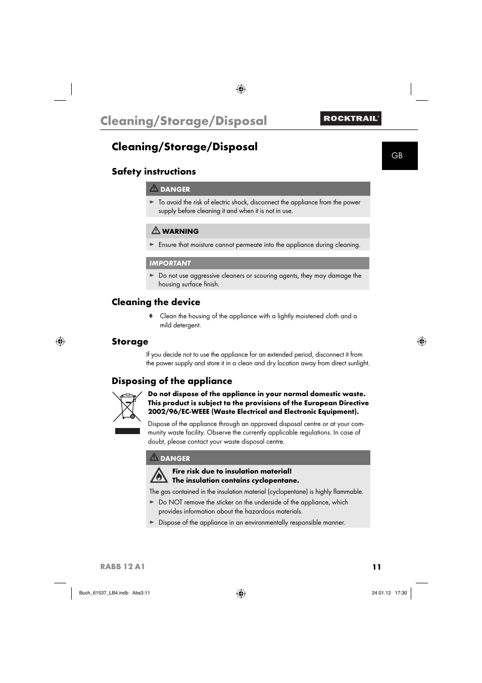 Cleaning/storage/disposal, Safety instructions, Cleaning the device | Storage, Disposing of the appliance | Rocktrail Car Cool Box RABB 12 A1 User Manual | Page 14 / 102