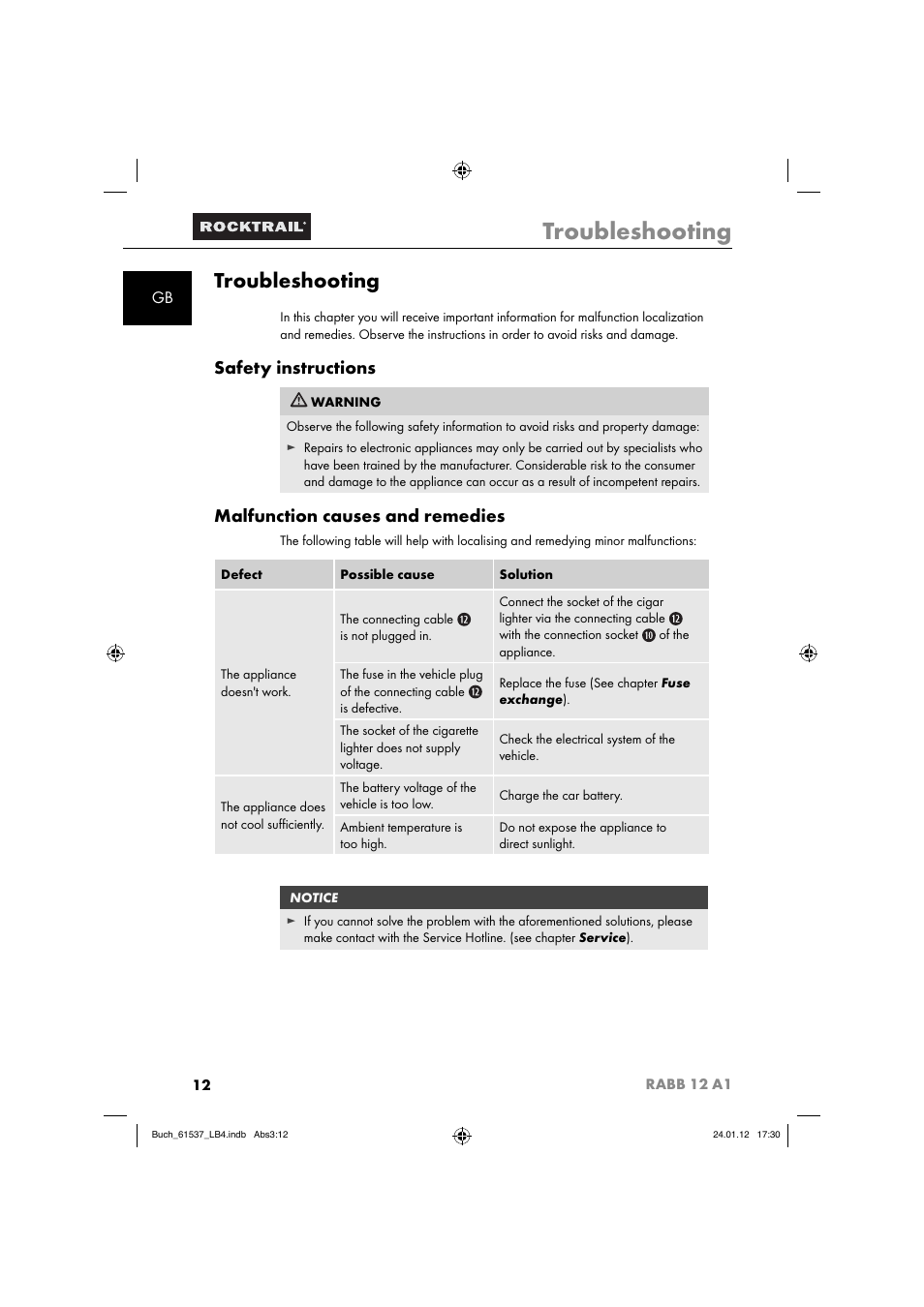 Troubleshooting, Safety instructions, Malfunction causes and remedies | Rocktrail Car Cool Box RABB 12 A1 User Manual | Page 15 / 102
