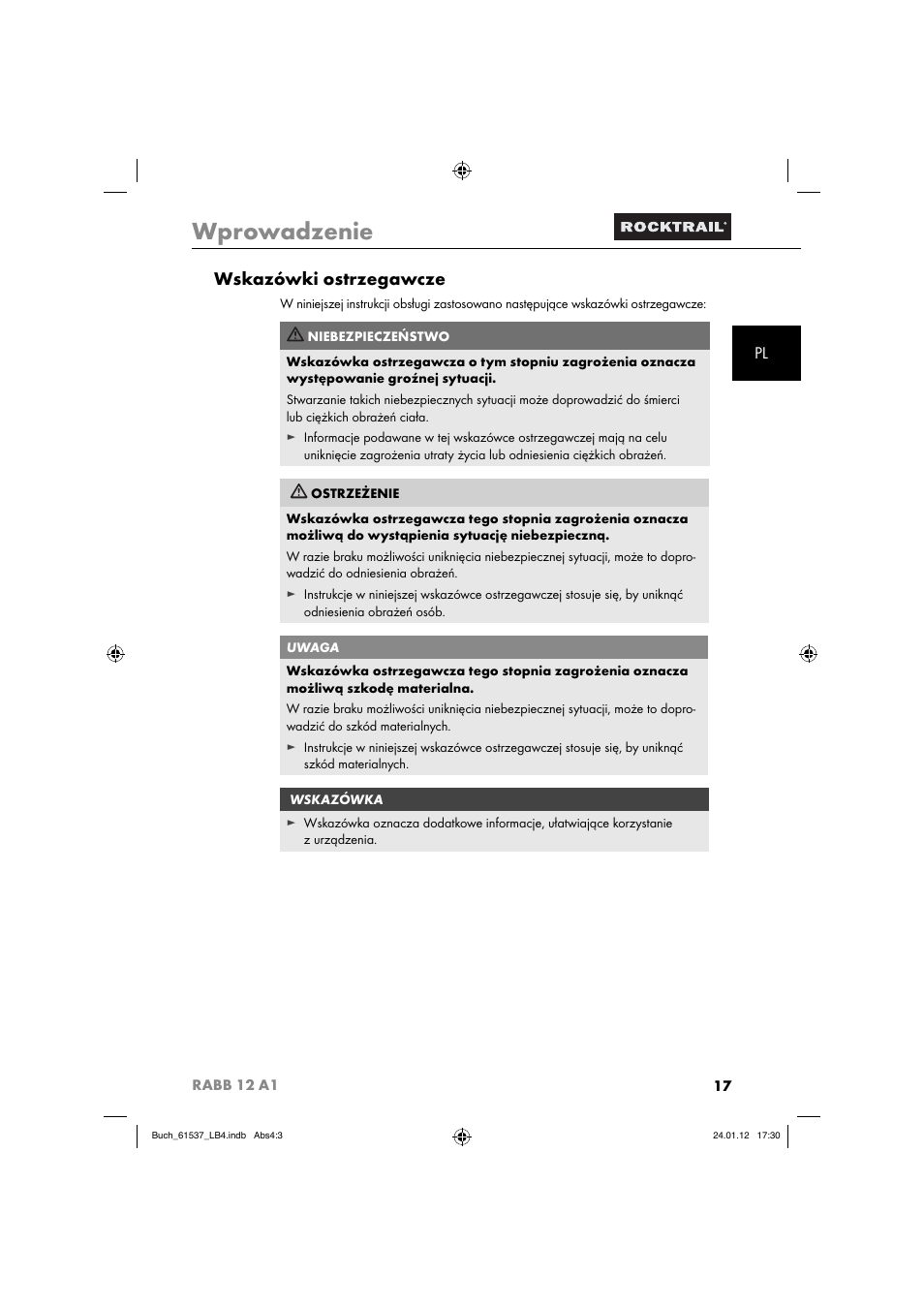Wprowadzenie, Wskazówki ostrzegawcze | Rocktrail Car Cool Box RABB 12 A1 User Manual | Page 20 / 102