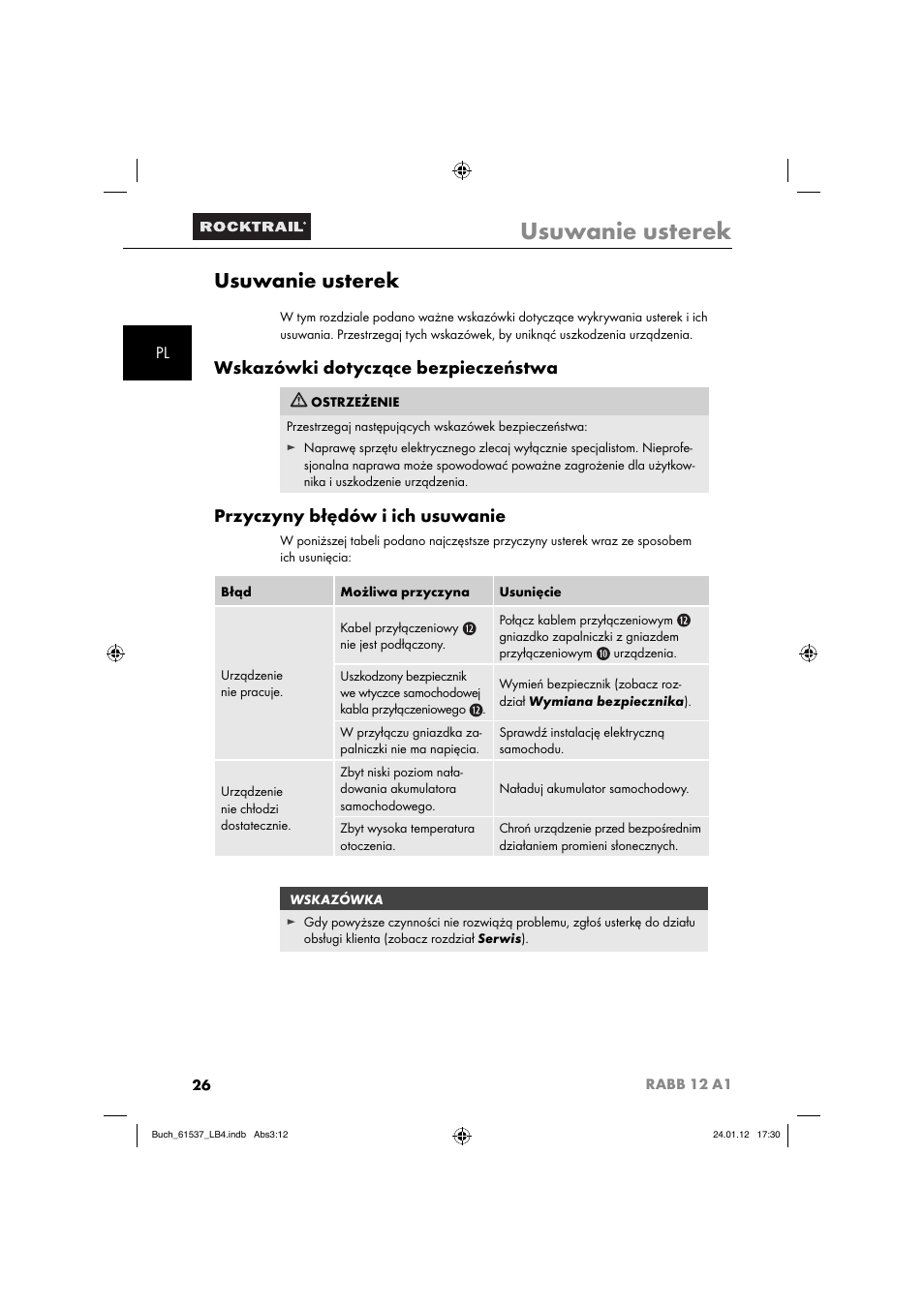 Usuwanie usterek, Wskazówki dotyczące bezpieczeństwa, Przyczyny błędów i ich usuwanie | Rocktrail Car Cool Box RABB 12 A1 User Manual | Page 29 / 102