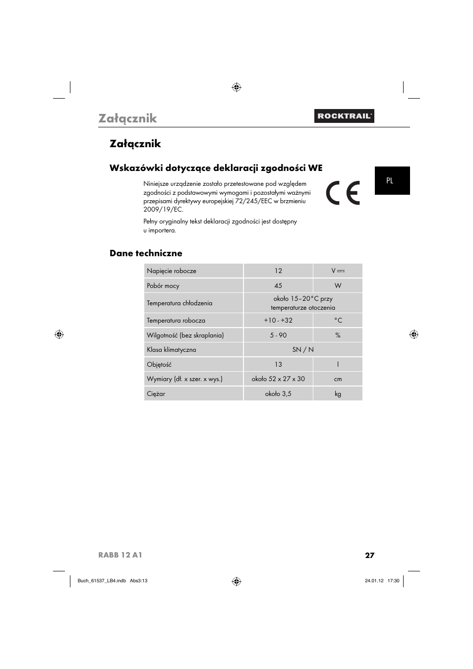 Załącznik, Wskazówki dotyczące deklaracji zgodności we, Dane techniczne | Rocktrail Car Cool Box RABB 12 A1 User Manual | Page 30 / 102