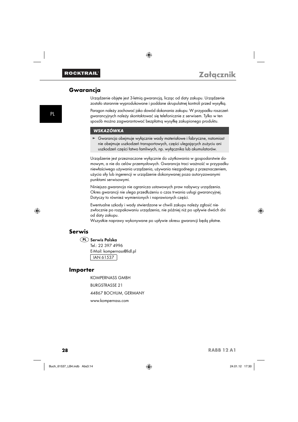Załącznik, Gwarancja, Serwis | Importer | Rocktrail Car Cool Box RABB 12 A1 User Manual | Page 31 / 102