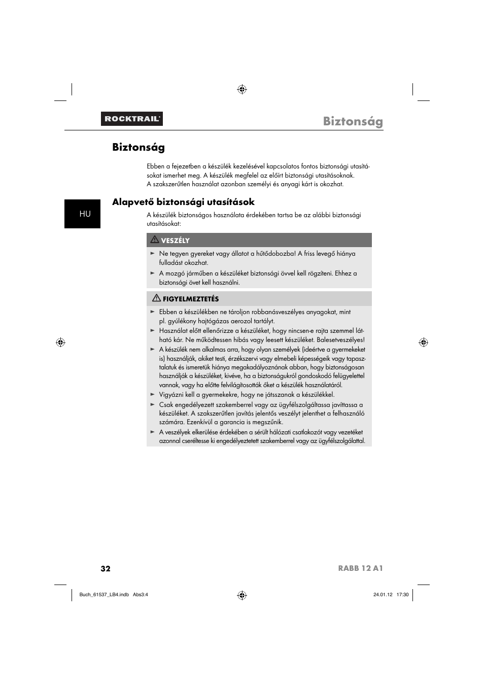 Biztonság, Alapvető biztonsági utasítások | Rocktrail Car Cool Box RABB 12 A1 User Manual | Page 35 / 102