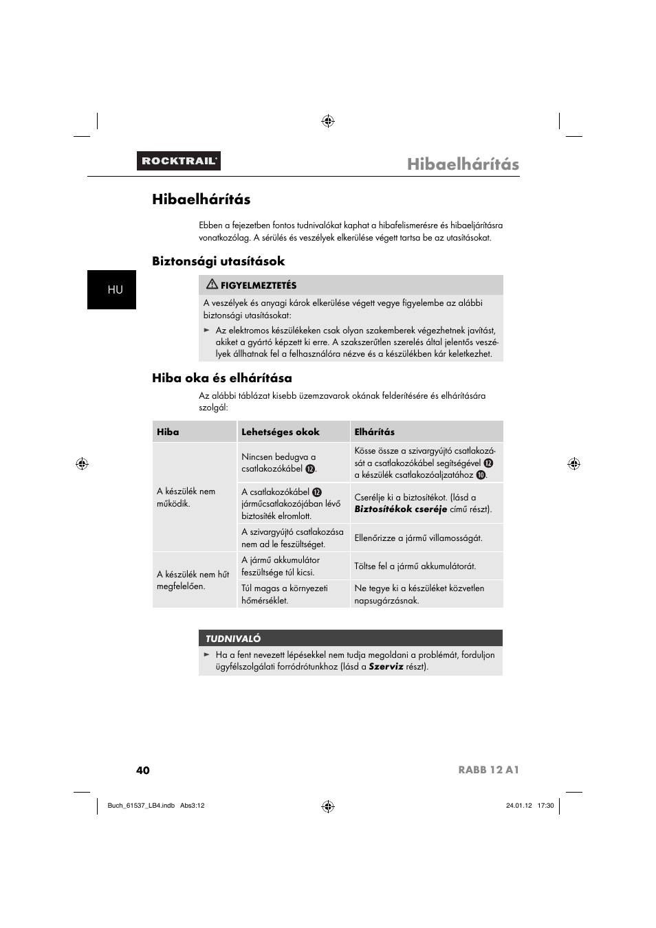 Hibaelhárítás, Biztonsági utasítások, Hiba oka és elhárítása | Rocktrail Car Cool Box RABB 12 A1 User Manual | Page 43 / 102