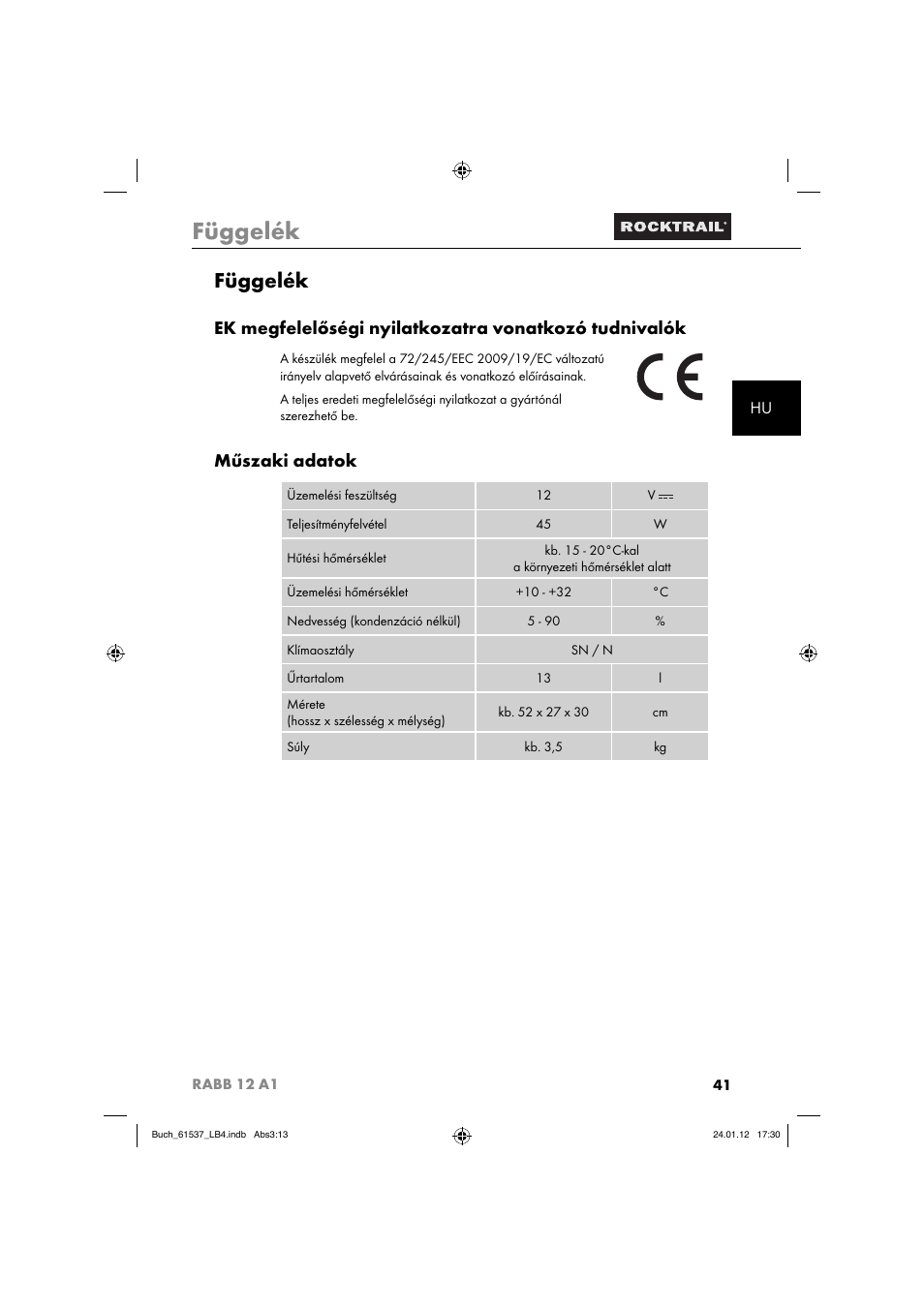 Függelék, Műszaki adatok | Rocktrail Car Cool Box RABB 12 A1 User Manual | Page 44 / 102