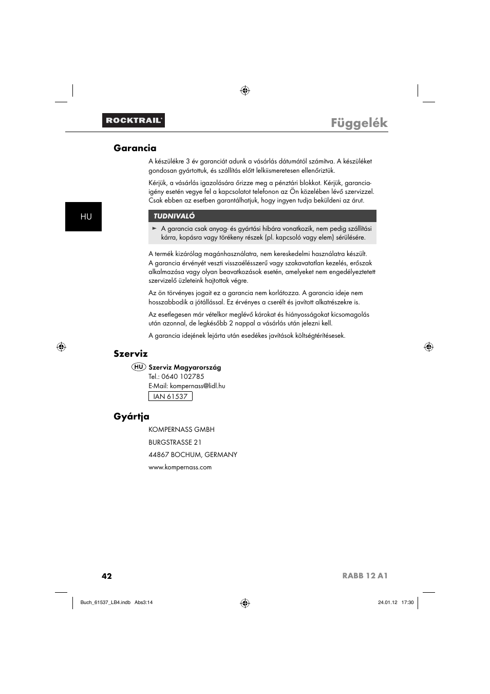 Függelék, Garancia, Szerviz | Gyártja | Rocktrail Car Cool Box RABB 12 A1 User Manual | Page 45 / 102
