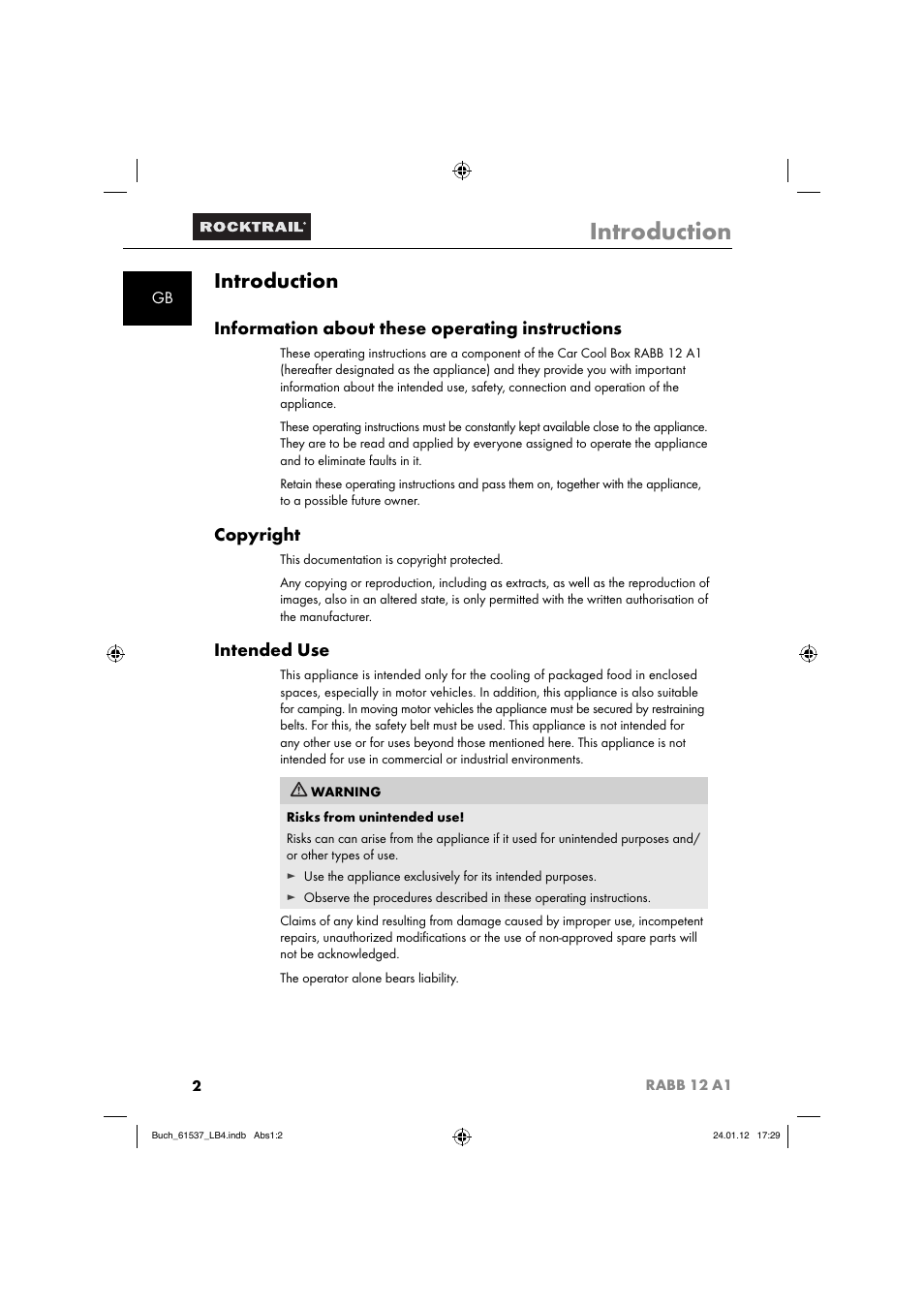 Introduction, Information about these operating instructions, Copyright | Intended use | Rocktrail Car Cool Box RABB 12 A1 User Manual | Page 5 / 102