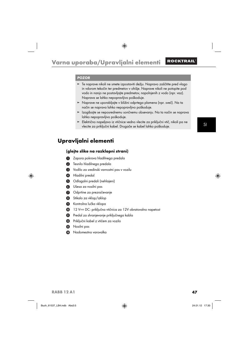 Varna uporaba/upravljalni elementi, Upravljalni elementi | Rocktrail Car Cool Box RABB 12 A1 User Manual | Page 50 / 102