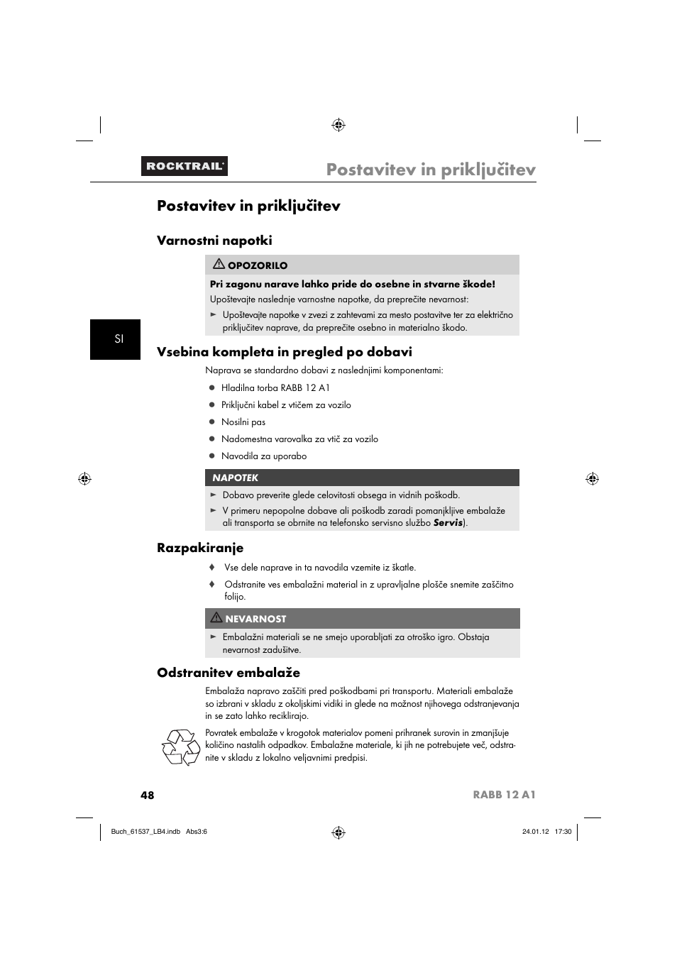Postavitev in priključitev, Varnostni napotki, Vsebina kompleta in pregled po dobavi | Razpakiranje, Odstranitev embalaže | Rocktrail Car Cool Box RABB 12 A1 User Manual | Page 51 / 102