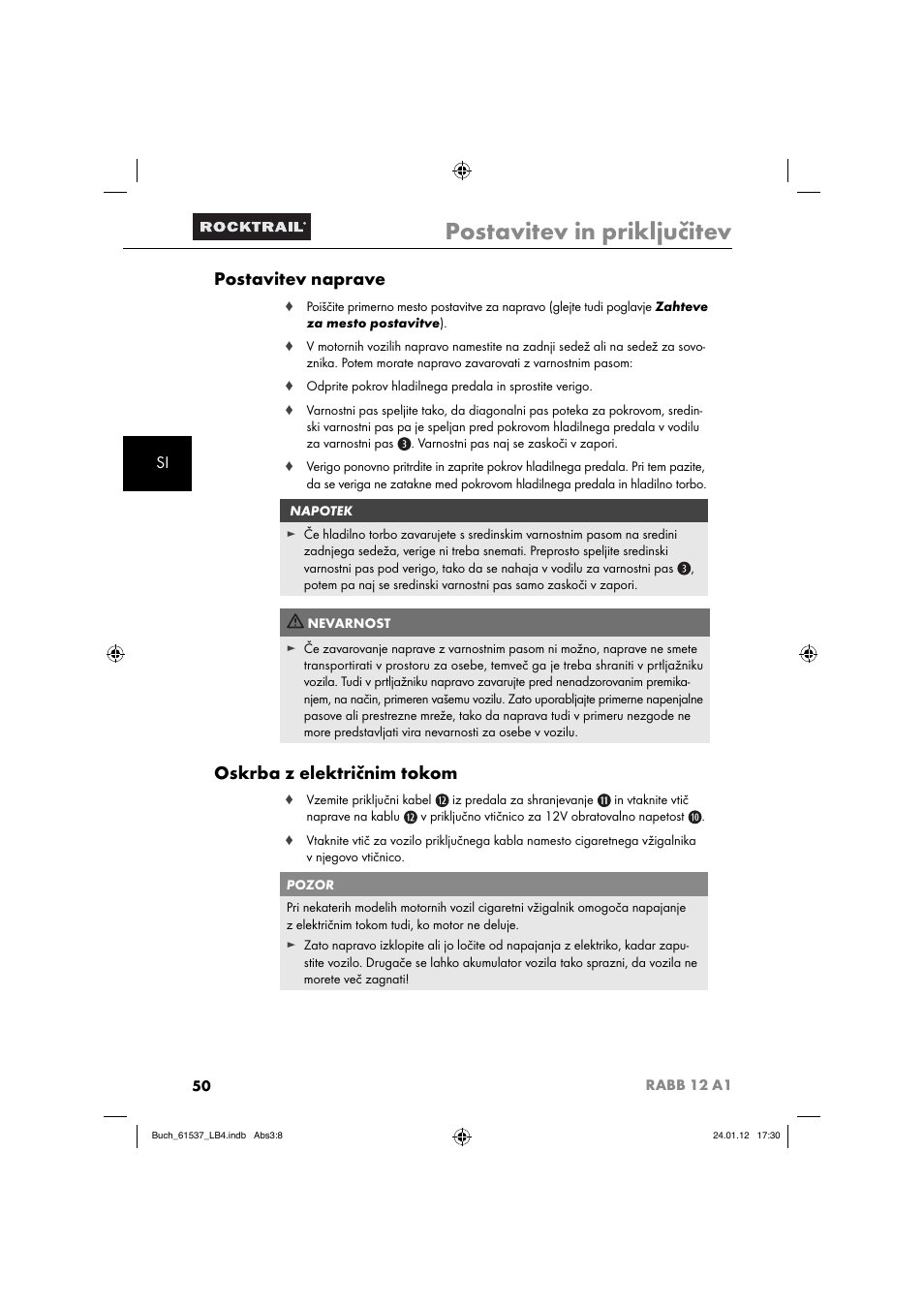 Postavitev in priključitev, Postavitev naprave, Oskrba z električnim tokom | Rocktrail Car Cool Box RABB 12 A1 User Manual | Page 53 / 102