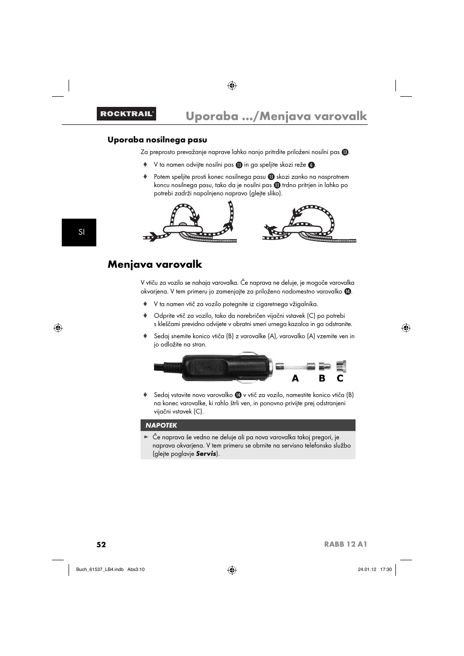 Uporaba …/menjava varovalk, Menjava varovalk, Si uporaba nosilnega pasu | Rocktrail Car Cool Box RABB 12 A1 User Manual | Page 55 / 102