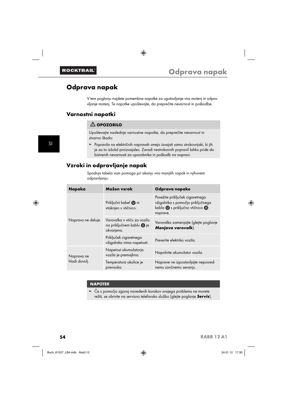 Odprava napak, Varnostni napotki, Vzroki in odpravljanje napak | Rocktrail Car Cool Box RABB 12 A1 User Manual | Page 57 / 102