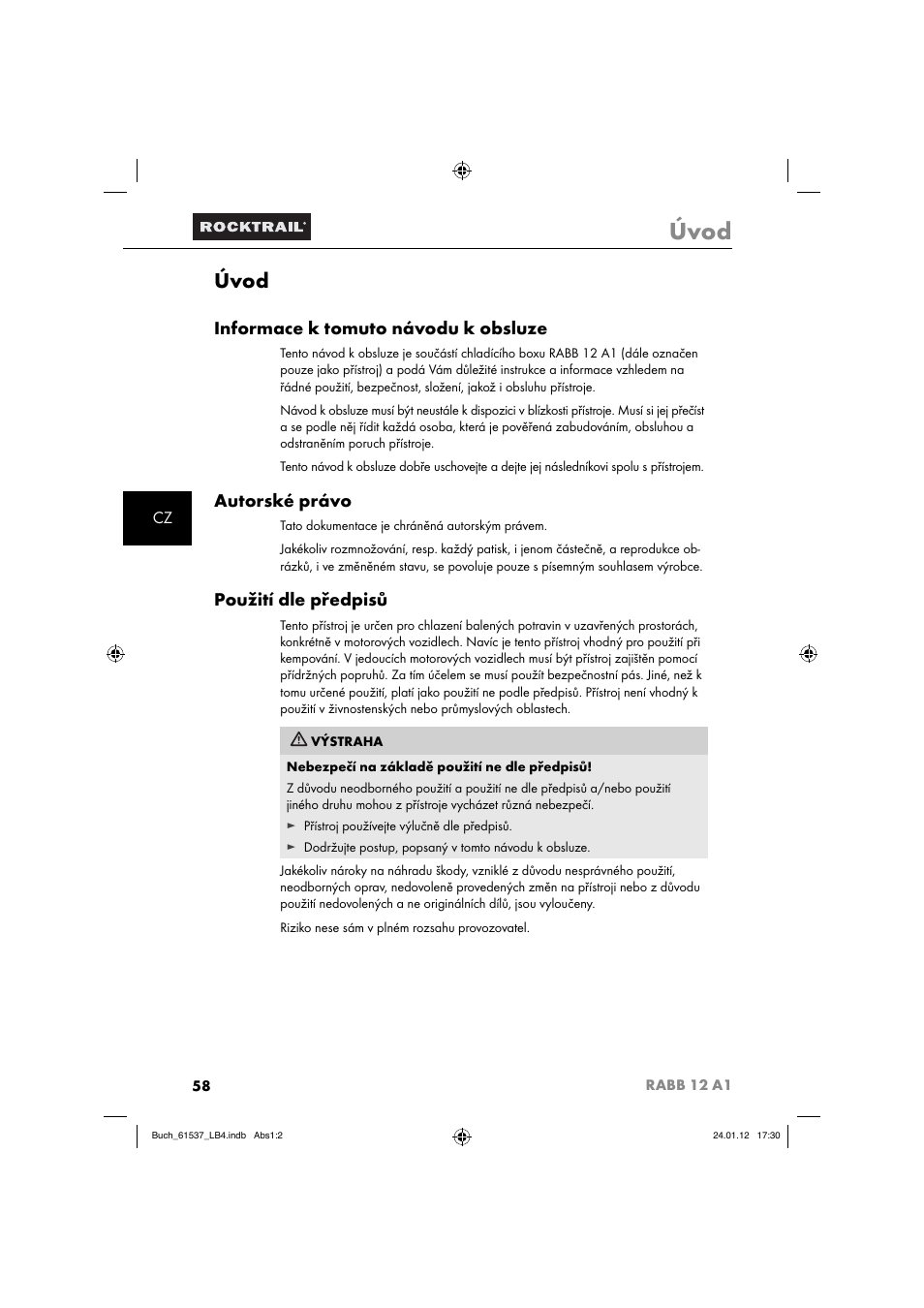 Úvod, Informace k tomuto návodu k obsluze, Autorské právo | Použití dle předpisů | Rocktrail Car Cool Box RABB 12 A1 User Manual | Page 61 / 102