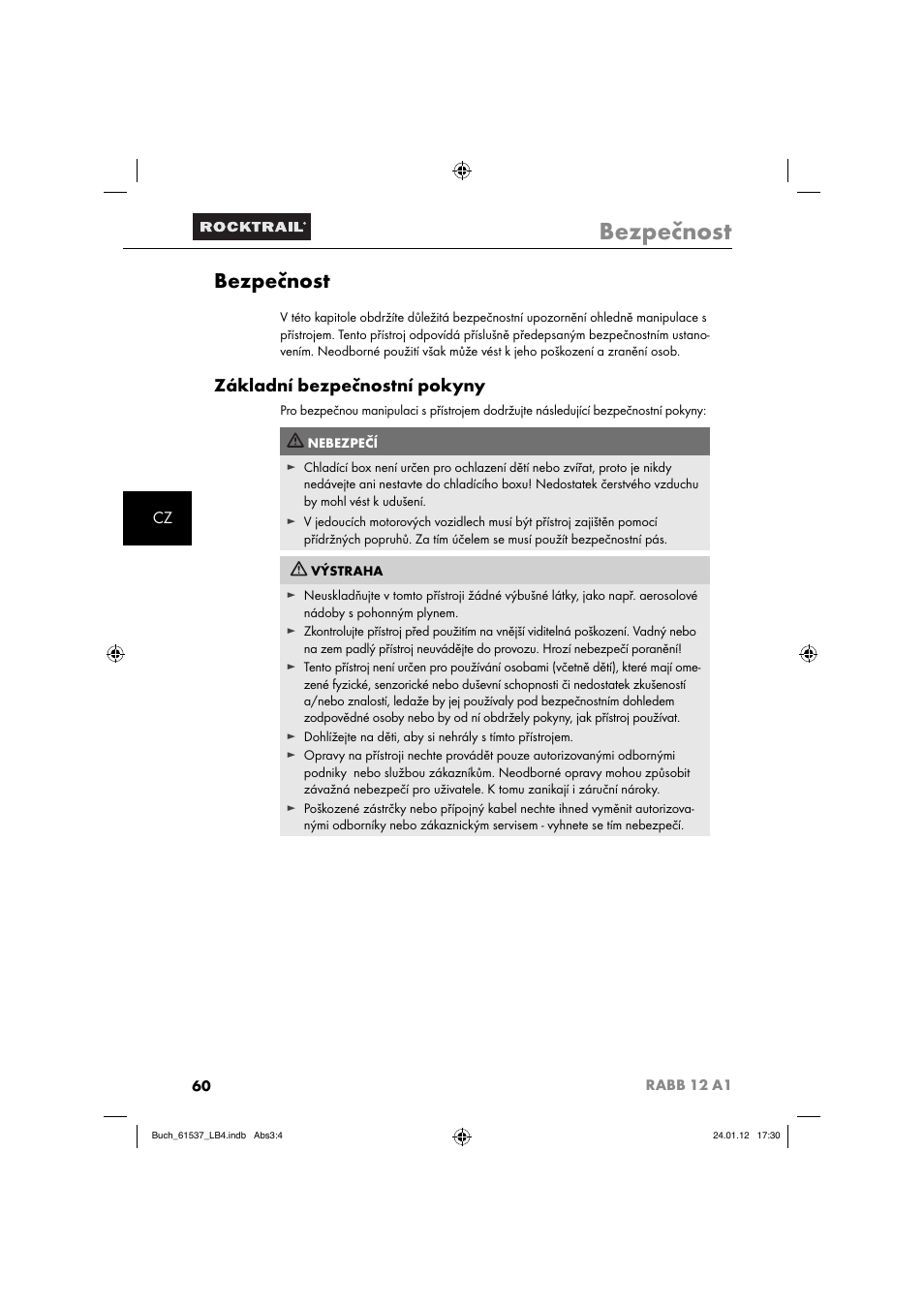 Bezpečnost, Základní bezpečnostní pokyny | Rocktrail Car Cool Box RABB 12 A1 User Manual | Page 63 / 102
