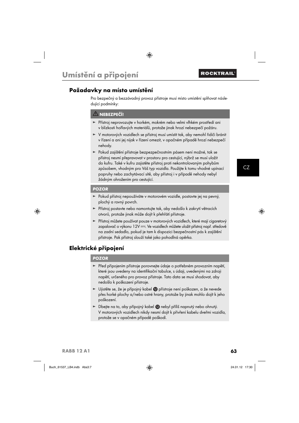 Umístění a připojení, Požadavky na místo umístění, Elektrické přípojení | Rocktrail Car Cool Box RABB 12 A1 User Manual | Page 66 / 102