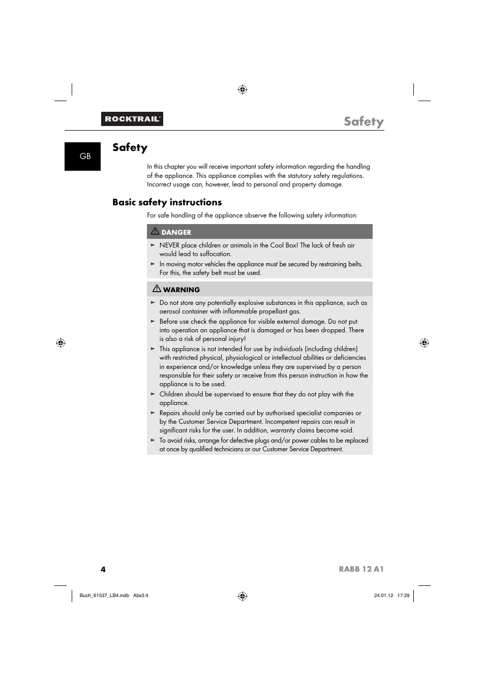 Safety, Basic safety instructions | Rocktrail Car Cool Box RABB 12 A1 User Manual | Page 7 / 102