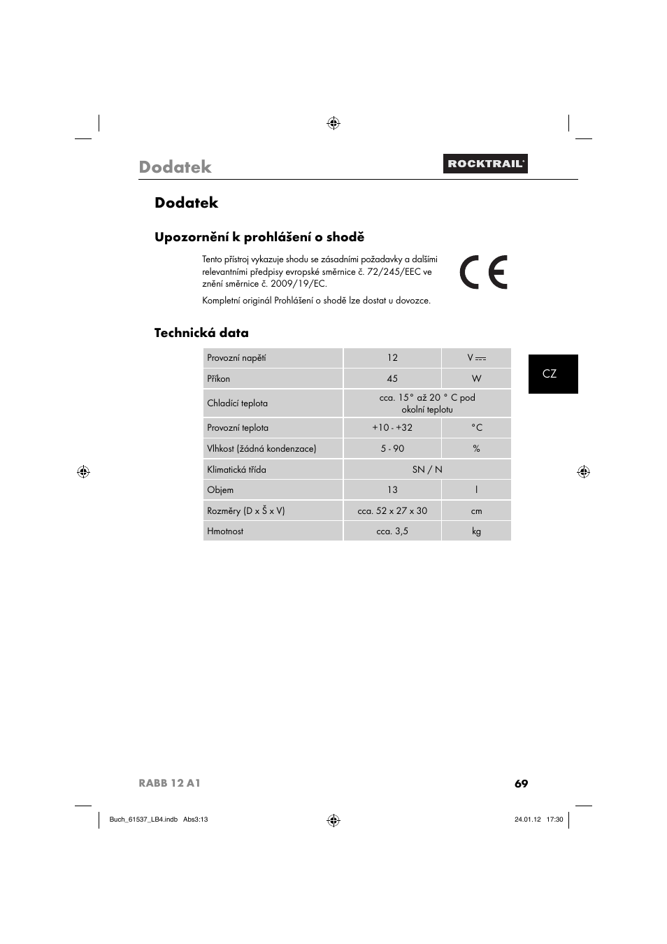 Dodatek, Upozornění k prohlášení o shodě, Technická data | Rocktrail Car Cool Box RABB 12 A1 User Manual | Page 72 / 102