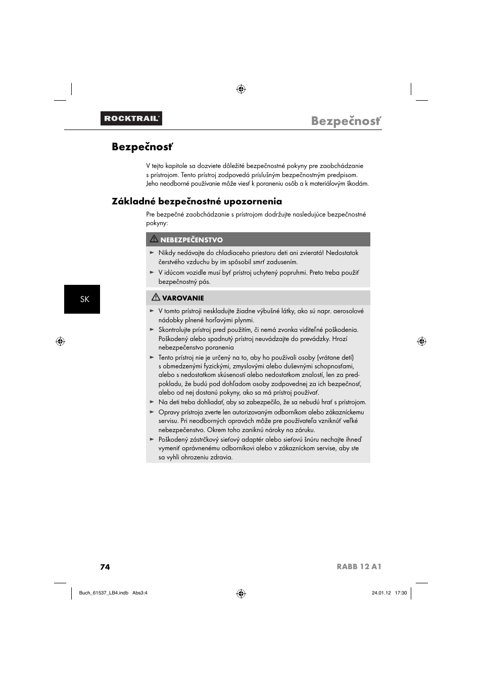 Bezpečnosť, Základné bezpečnostné upozornenia | Rocktrail Car Cool Box RABB 12 A1 User Manual | Page 77 / 102