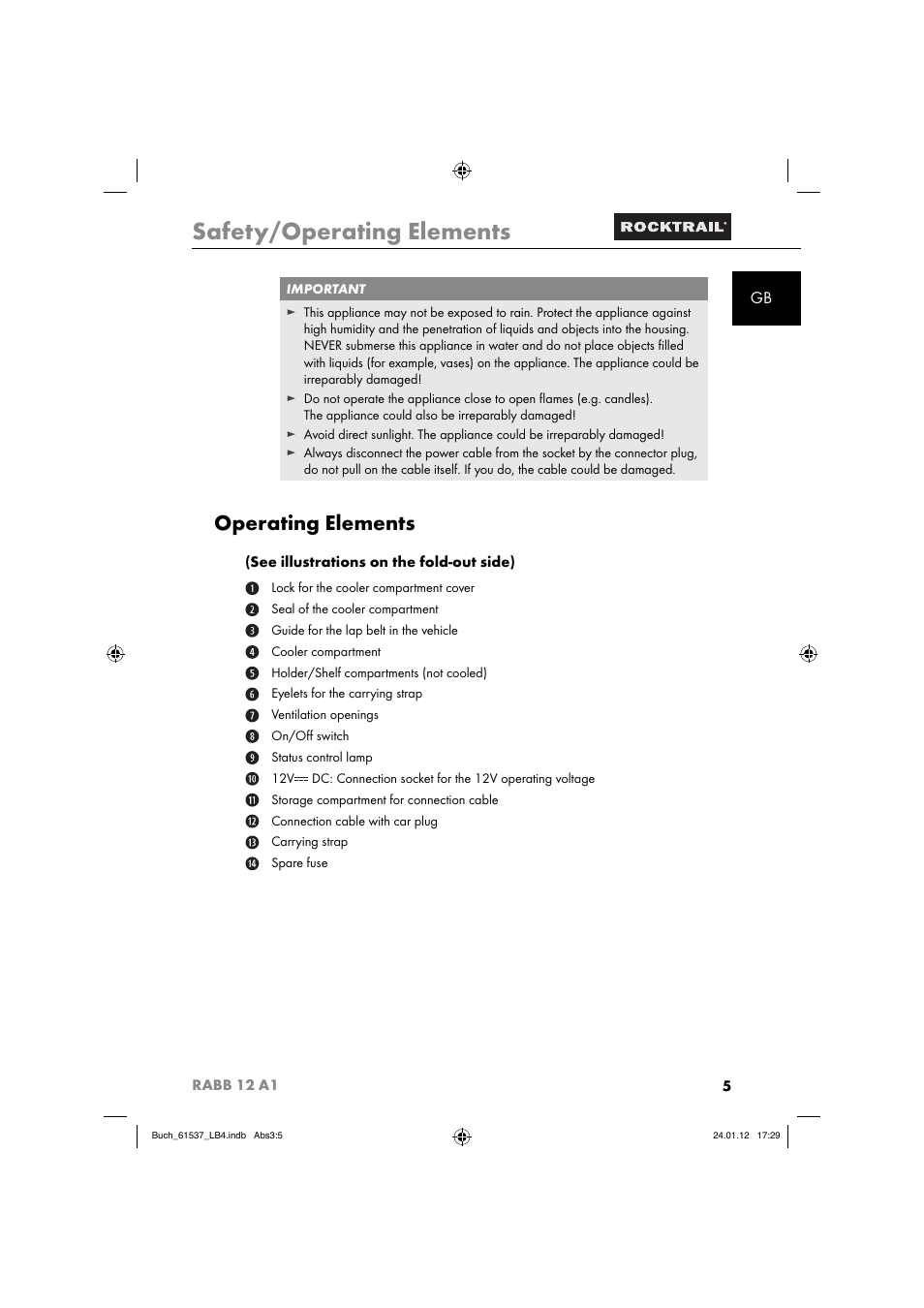 Safety/operating elements, Operating elements | Rocktrail Car Cool Box RABB 12 A1 User Manual | Page 8 / 102