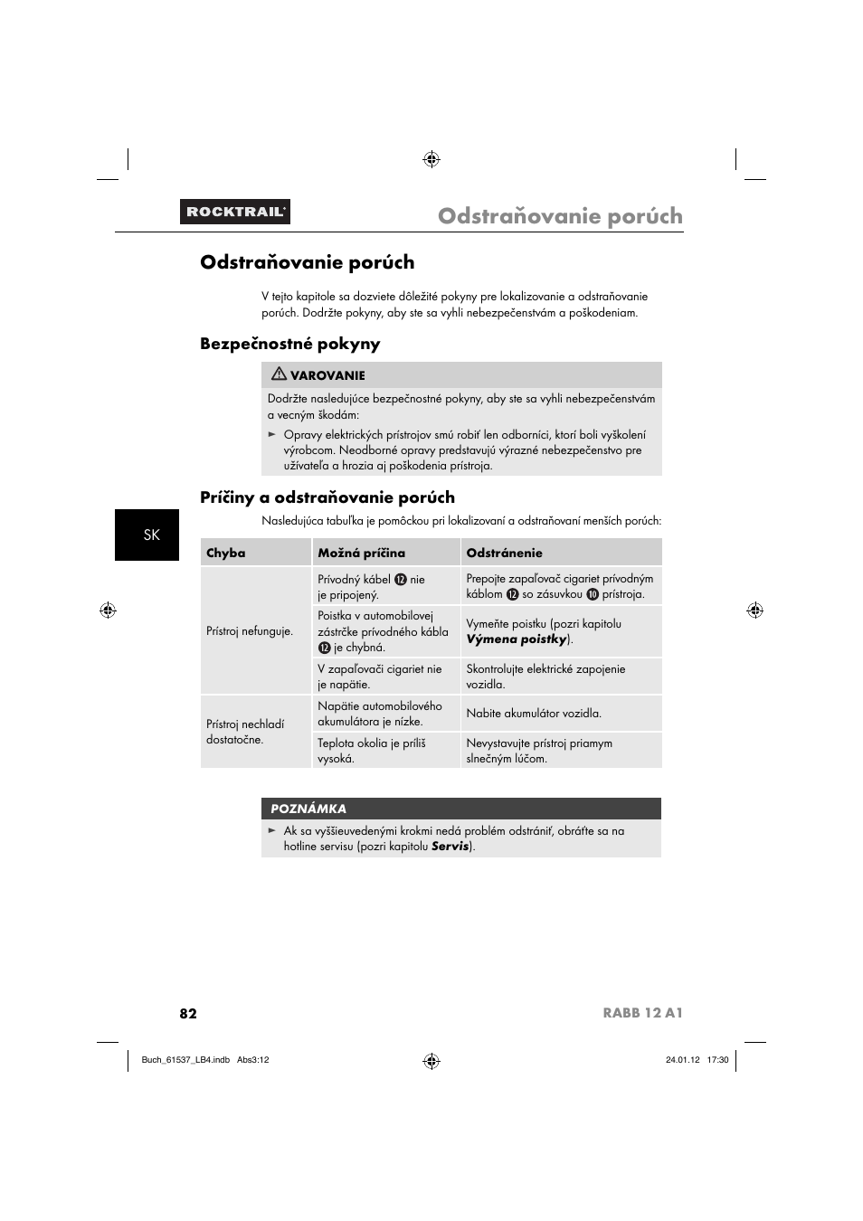 Odstraňovanie porúch, Bezpečnostné pokyny, Príčiny a odstraňovanie porúch | Rocktrail Car Cool Box RABB 12 A1 User Manual | Page 85 / 102