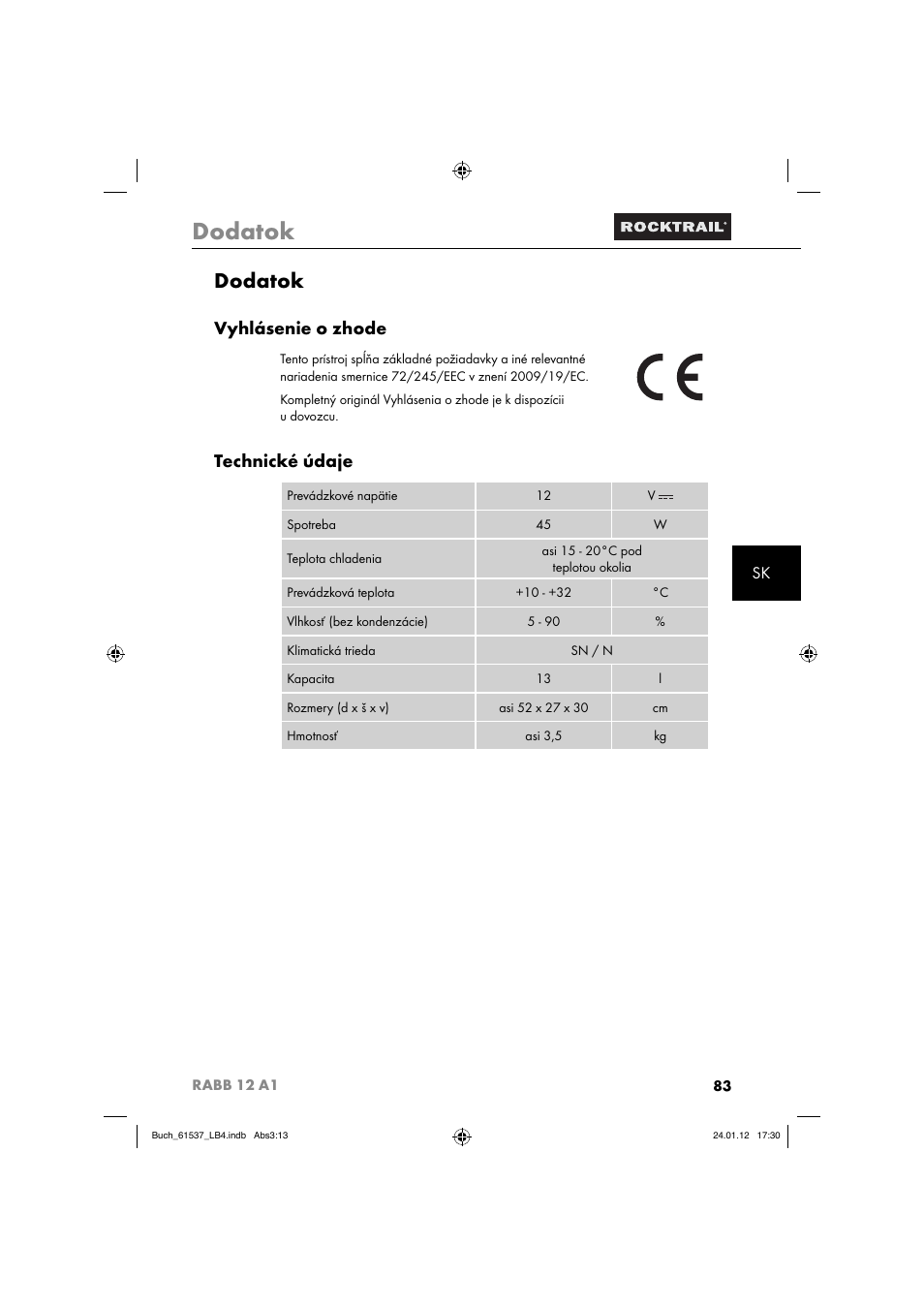 Dodatok, Vyhlásenie o zhode, Technické údaje | Rocktrail Car Cool Box RABB 12 A1 User Manual | Page 86 / 102