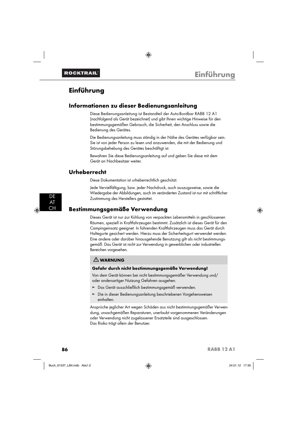 Einführung, Informationen zu dieser bedienungsanleitung, Urheberrecht | Bestimmungsgemäße verwendung, De at ch | Rocktrail Car Cool Box RABB 12 A1 User Manual | Page 89 / 102