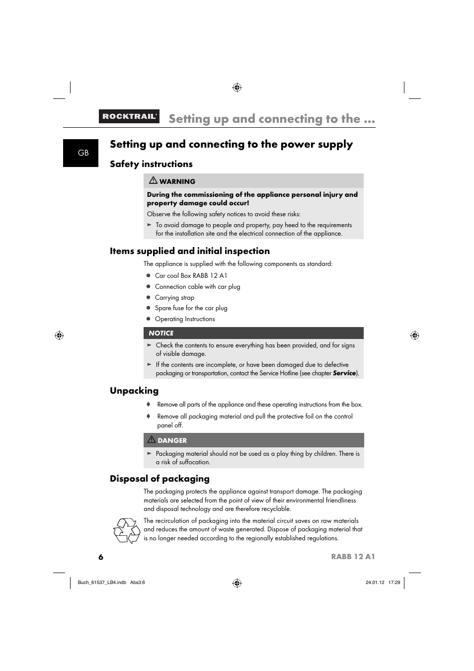 Setting up and connecting to the, Setting up and connecting to the power supply, Safety instructions | Items supplied and initial inspection, Unpacking, Disposal of packaging | Rocktrail Car Cool Box RABB 12 A1 User Manual | Page 9 / 102